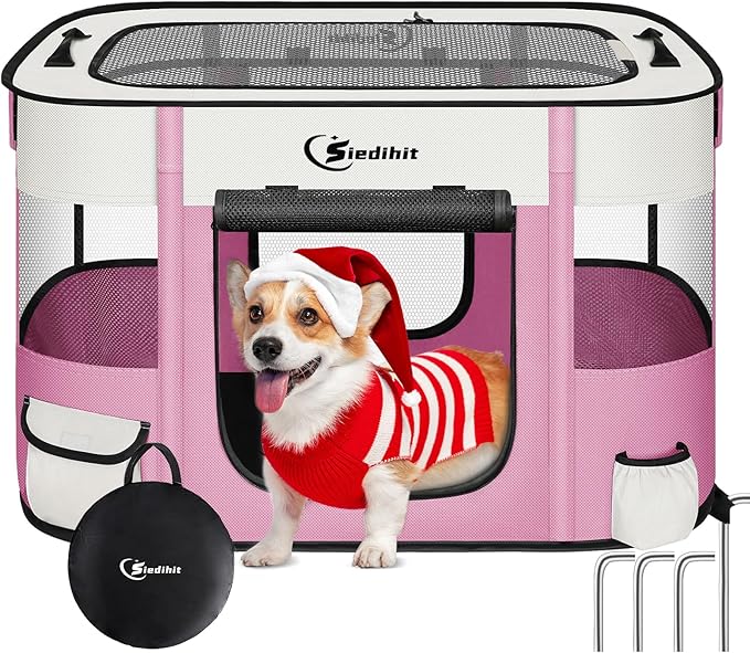 Dog Cat Playpen, Pet Puppy Portable Playpens for Outdoor Travel Crate, Indoor After Surgery Use, Foldable Dog Kennel Tent for Rabbit or Small Animals and Tent Stakes(Pink, Medium)