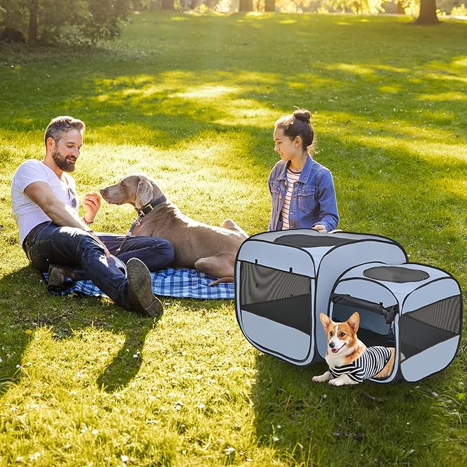 EighteenTek® 2-in-1 Portable Cat Playpen, Pop up Large Kitten Playpen, No Assembly Need, Pet Cat Dog Tent Crates Kennel Cage, Cats Enclosure for Dog and Puppy Indoor Outdoor(No Divider, Unified Space)