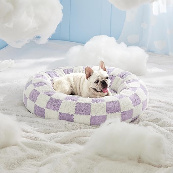 LE SURE Donut Medium Dog Bed - Round Cat Beds for Indoor Cats Calming Christmas Bed Present for Pets, Cute Modern Beds with Jacquard Shaggy Plush & Anti Slip Bottom, 30 Inch, Purple
