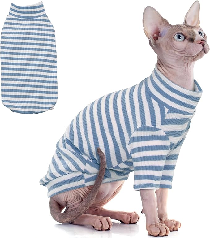 PUMYPOREITY Sphynx Cat Clothes, Soft Hairless Cats Shirt with Sleeves, Stretchy Cat Sweater, Pullover Cat Pajamas Jumpsuit, Turtleneck Cat Outfit for Sphynx Cornish Rex, Devon Rex, Blue, XS