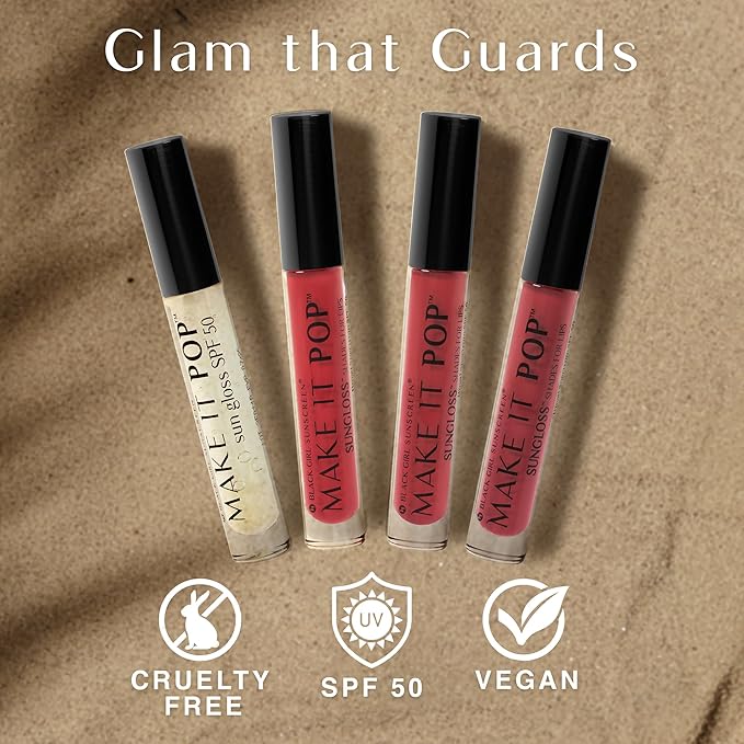 BLACK GIRL SUNSCREEN Make It Pop Sungloss & Sungloss Shades for Women - SPF 50 Tinted Sunscreen Lip Gloss, Sun Protection, Hydrating - 4 Pack (Clear Skyes, Cherry Noir, Red Wine, French Kiss)