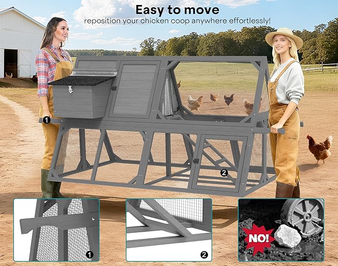 Chicken Coop for 4-8 Chickens, A-Frame Wooden Chicken Run, 95'' Outdoor Poultry Cage w/ 2 Nesting Box, Hen House w/Ventilating Wire, Waterproof Asphalt Roof, Gray