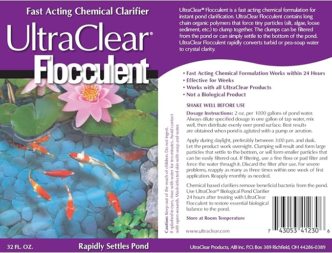 Flocculant 32oz – Fast-Acting Pond Water Chemical Clarifier – Binds Fine Particles, Clears Cloudy Water – Safe for Fish & Plants When Used as Directed