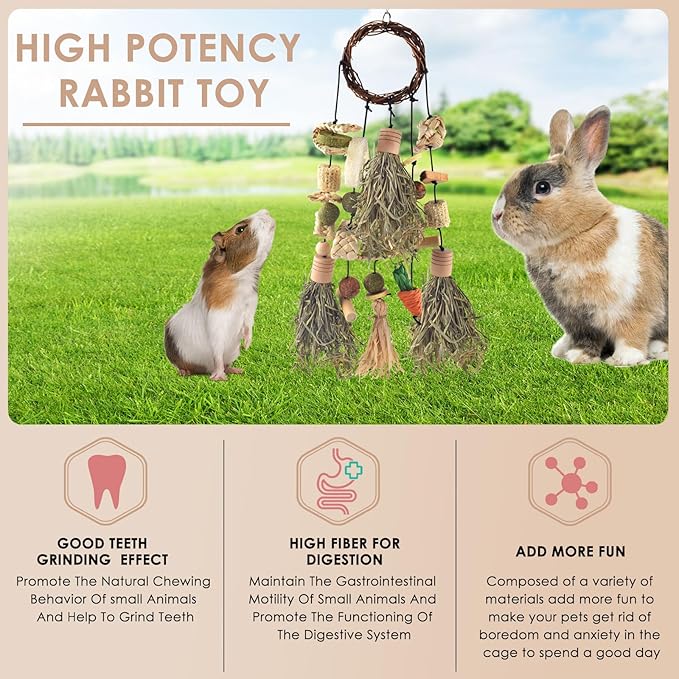 Bissap Rabbit Chew Toy, Bunny Cage Hanging Chewing Toys and Treats Wooden with Snacks for Guinea Pigs Chinchillas Hamsters Rats and Other Small Pets Teeth Grinding (Timothy Hay & Vine)