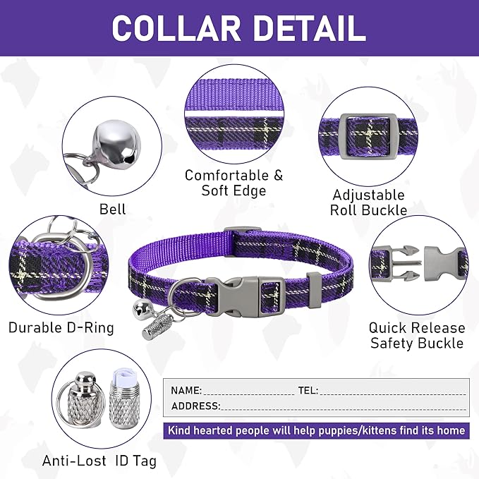 GAMUDA Small Dog Harness Collar and Leash Set, Step in No Chock No Pull Soft Mesh Adjustable Dog Vest Harnesses Plaid Reflective for Dogs Puppy Cats Kitten Rabbit (Purple, XL)