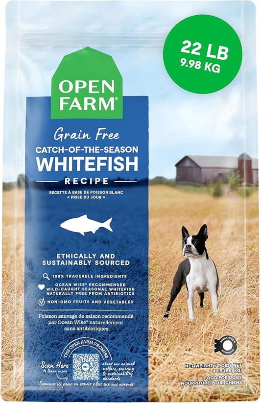 Open Farm, Grain-Free Dry Dog Food, Complete & Balanced Kibble, Sustainably & Ethically Sourced Ingredients, Non-GMO Veggies & Superfoods, Catch-of-The-Season Whitefish Recipe, 22lb Bag