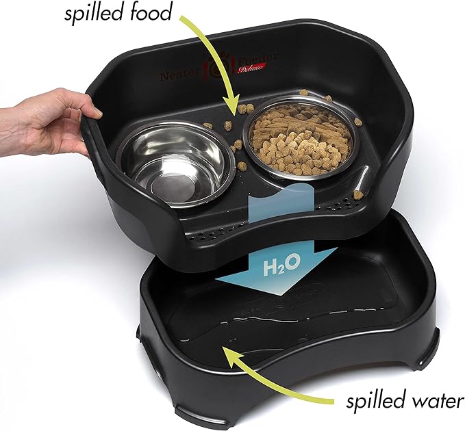 Neater Feeder Deluxe Mess Proof Dog Bowls Elevated for Large Dogs – Made in USA – No Spill Raised Dog Food Bowl Stand w/Leg Extensions – Stainless Steel Dog Food and Water Bowl Set – Black