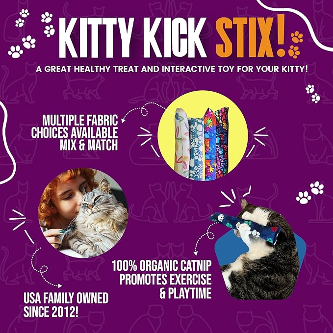 Kitty Kick Stix 15" Catnip Kicker Toy – Set of 2 | Handmade in USA | Interactive Cat & Kitten Toy | Durable Kicker Packed with 100% Potent Catnip for All Breeds (Paws Paws Paws)
