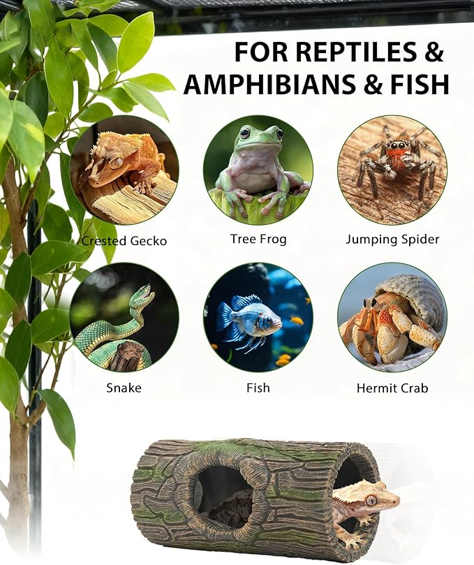 Magnetic Crested Gecko Hide - Resin Hollow Log Cave, Reptile Hide Cave, Reptile & Amphibian Habitat Hideouts, Terrarium Decor