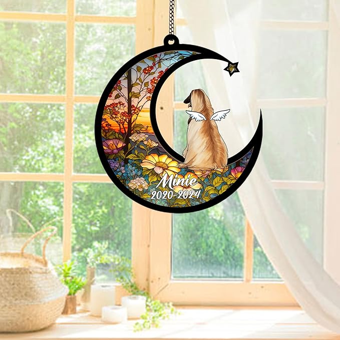 Personalized Afghan Hound (Red) Sun Catcher, Dog Memorial Gifts, Custom Afghan Hound (Red) with Wings Ornament Christmas Tree, Loss of Dog Sympathy Gift Memorial Suncatchers