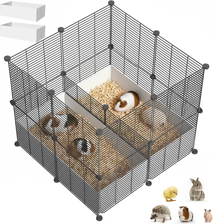 18 Planels Guinea Pig Cages with Bite-Proof & Waterproof Liner, Divided DIY Small Animal Playpen - Metal Dense Grid Indoor Outdoor Portable Metal Wire Yard Fence