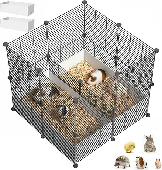 18 Planels Guinea Pig Cages with Bite-Proof & Waterproof Liner, Divided DIY Small Animal Playpen - Metal Dense Grid Indoor Outdoor Portable Metal Wire Yard Fence