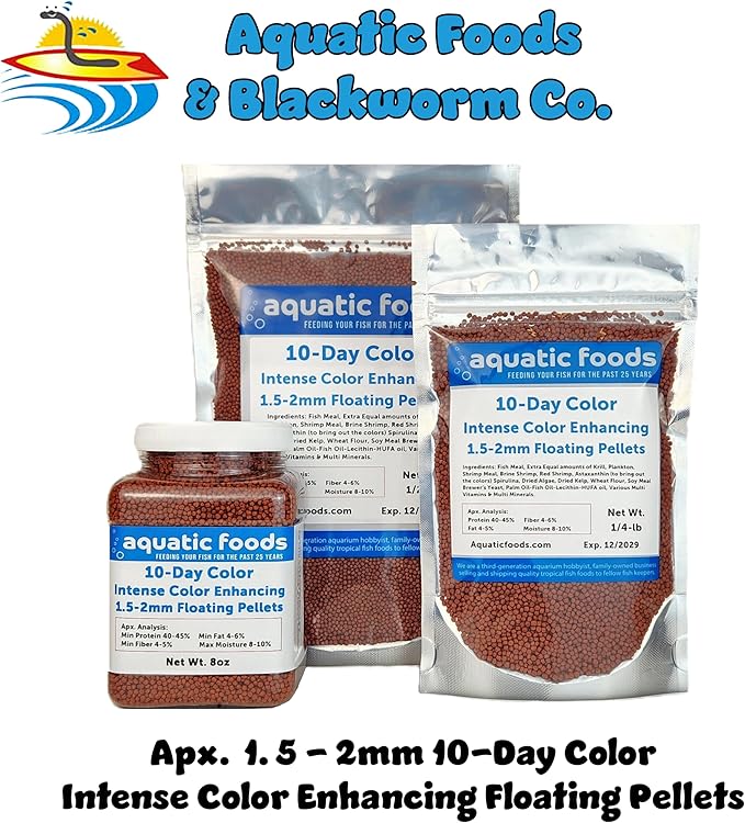 Aquatic Foods Inc. Ultra Intense Color Enhancing with a 10-Day Color Change, 1.5mm - 2mm Floating Pellets for Cichlids, Discus, All Baby and Small Tropical Fish & Pond Fish…8oz Jar
