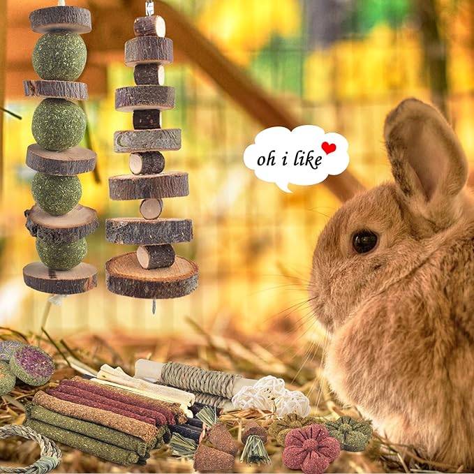 ERKOON Bunny Toys Boredom, 70 PCS Bunnies Timothy Hay Sticks Carrots Rose Grass Cake Dental Care, Molar, Chinchillas Toy Chew Toy, Guinea Pigs, Hamsters, Chinchilla, Rabbit Chew Toys for Teeth