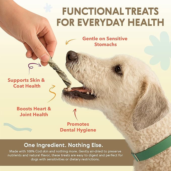 Eli Cod Skin Twists – A Natural, Crunchy Dog Treat Made from Twisted Cod Skins, High in Protein and Omega-3, Ideal for Teeth Cleaning, Single Ingredient, Grain Free, Gluten Free, Air Dried – 2 Pack