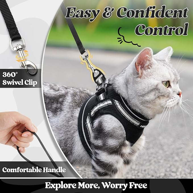 rabbitgoo Cat Harness and Leash Set for Walking Escape Proof, Adjustable Soft Kittens Vest with Reflective Strip for Cats, Comfortable Outdoor Vest, Black, M