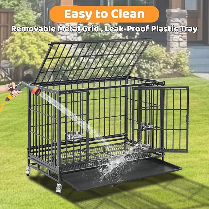 Homey Pet Two Tiers 37 Inch Dog Crate, Escape Proof Dog Cage Kennel Indoor with Top Access and Lockable Wheels, Removable Tray, Heavy Duty Dog Crates for Medium/Small Dogs