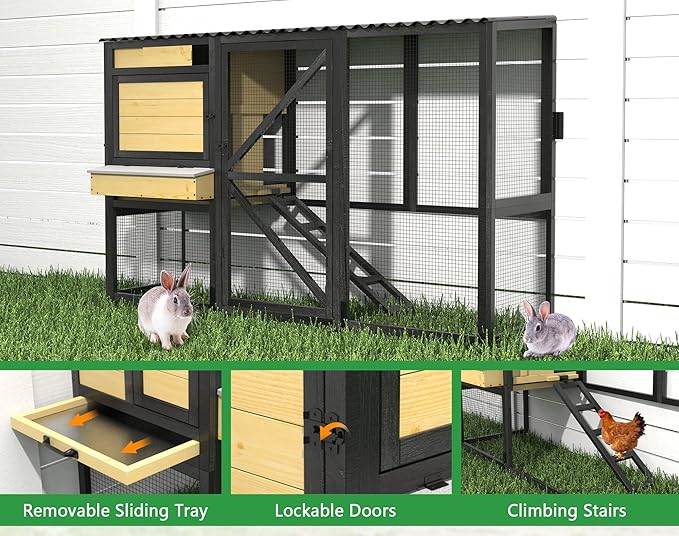 Chicken Coop with Nesting Box, Outdoor Wooden Poultry Cagefor 3-4 Chickens, 5 Doors Hen House w/Removable Tray, Weatherproof for Backyard Pet Hutch