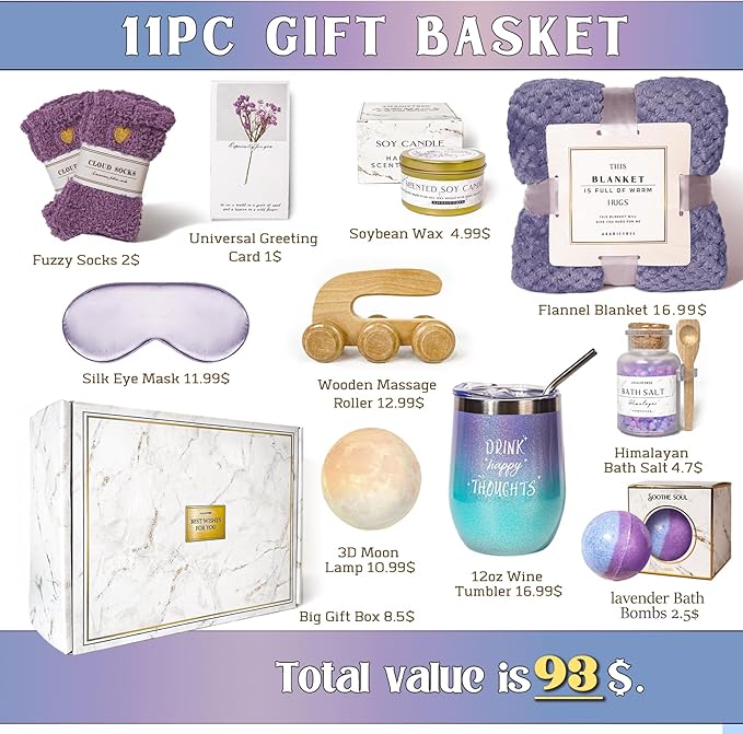 Birthday Gifts for Women,Gift Basket for Women with Moon Lamp,11PC Self Care Gifts,Get Well Soon After Surgery,Relaxing Spa Gifts,Surgery Recovery,Sympathy