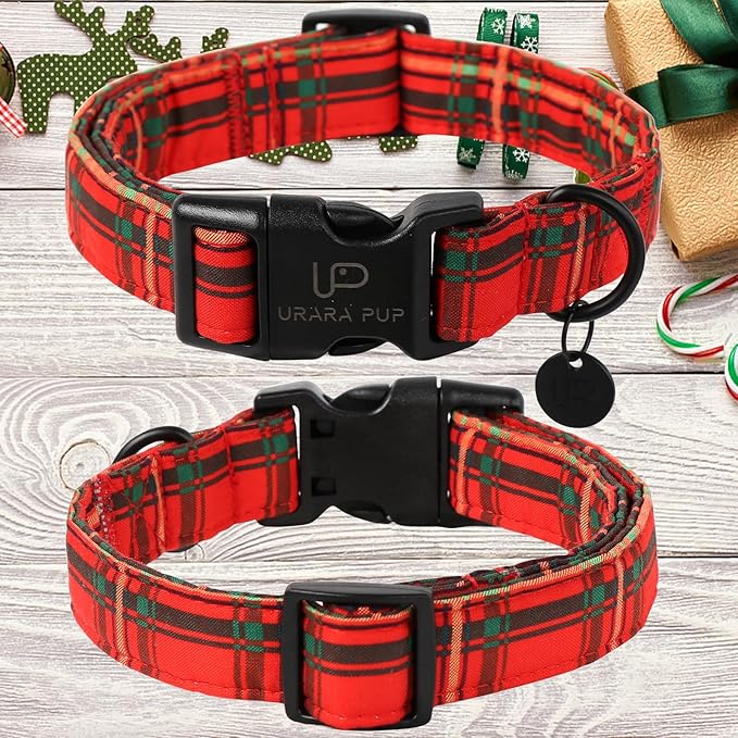 Christmas Dog Collar,Red Plaid Christmas Plaid Pet Collar with Quick Release,Adjustable Red Checkered Puppy Collars for Small Medium Large Dogs,L,Neck 16-24in