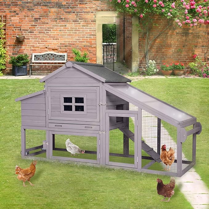 Chicken Coop with Wheels, Mobile Outdoor Chicken House with Leakproof Pull-on Tray, Nesting Box, Waterproof Roof - Grey