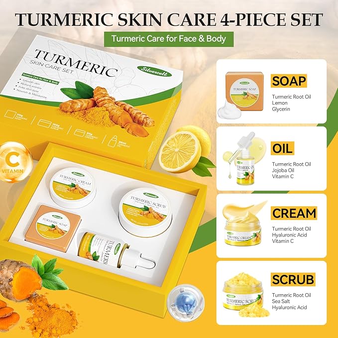 Turmeric Skin Care Set Mothers Day Gifts, Hydrating Skincare Gift Set with Turmeric Soap, Oil, Cream & Scrub to Even Glow Tone, Natural Skincare Set Birthday Gifts Facial Kit for Women & Teen Girls