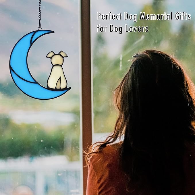 Stained Glass Dog Memorial on Blue Moon Window Hanging Suncatcher, Loss of Dog Sympathy Gift in Memory