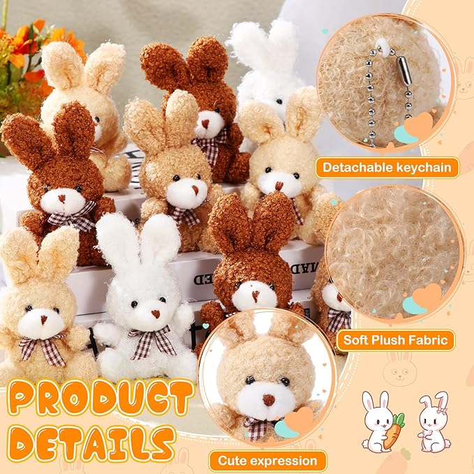 Sotiff 24 Pcs Easter Plush Bunny Stuffed Animal Gift Bulk 4.7 Inch Mini Bunnies Keychain Doll Furry Rabbit with Bow Tie for Birthday Baby Shower Party Favor Gifts Classroom Rewards(Earth Color)