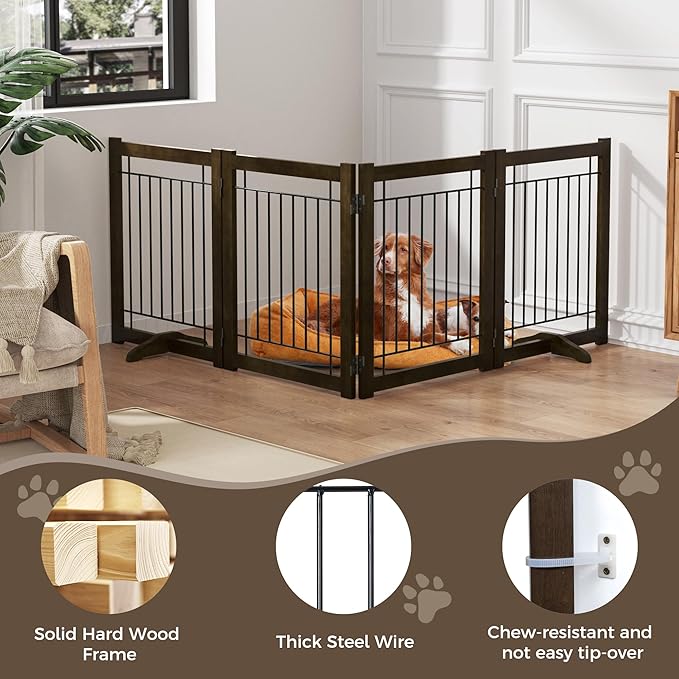 Wire Dog Gate Solid Wood Frame, Anti-Chewing, 4-Panel, 24" Height, 80" Width, Indoor Freestanding Pet Gate Foldable Wooden Dog Fences for Stairs, House, Doorway, Walnut Color