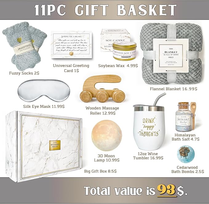 Gift Basket Gifts for Women,11PC Birthday,Sympathy,Surgery Recovery Gifts Women,Get Well Soon After Surgery,Condolences Basket for Loss,Sympathy