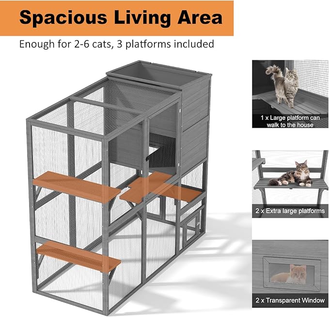 Catio Indoor Cat Enclosure, 4-Tier Large Cat Catio with Window Access, Indoor Catio Enclosure for Multiple Cats with Weatherproof Roof, 3 Resting Rooms, 3 Platforms & 2 Large Doors, Grey