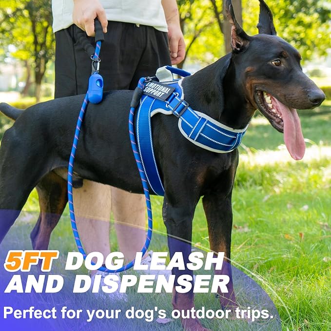 Neck Padded Service Dog Vest Harness and Leash Set, No Pull Adjustable Service Pet Harness with 8 Dog Patches, Reflective in Training Easy Control Pet Vest with 5ft Dog Leash for Medium & Large Dogs