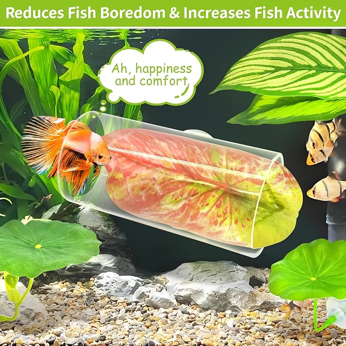 Hamiledyi 5 PCS Betta Hammock & Tunnel Set Acrylic Tube Tunnel with Suction Cup Soft Leaf Aquarium Decor Betta Fish Tank Accessories for Small Fish Shrimp Guppy Resting Hiding