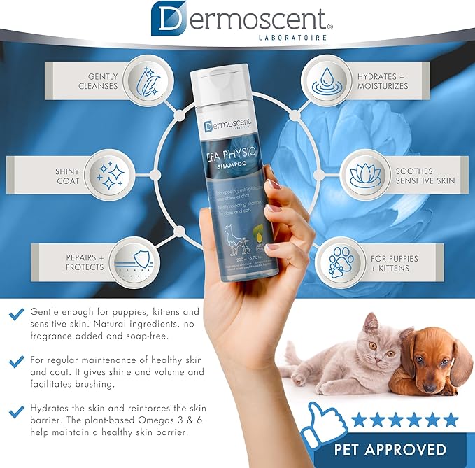 Dermoscent EFA Physio Shampoo for Dogs & Cats - Gentle Natural Ingredients for Frequent Bathing Allergies & Itchy Skin Relief - Soothes Dermatitis & Atopic Skin - 200 ml