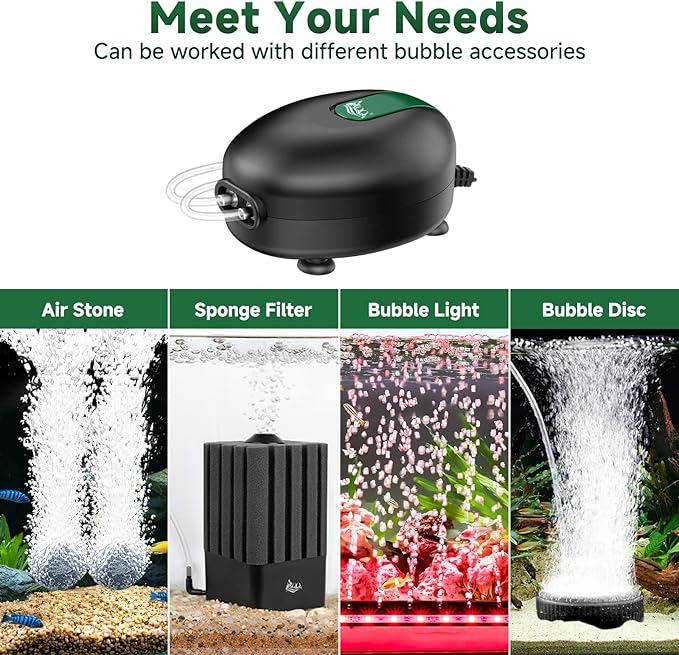 AQQA Aquarium Air Pump Whisper Oxygen Aerator Powerful Fish Tank Air Pump Dual Outlets Adjustable Airflow Bubblers with Air Stone Tubes Check Valves (8W for Up to 160Gal Tank)