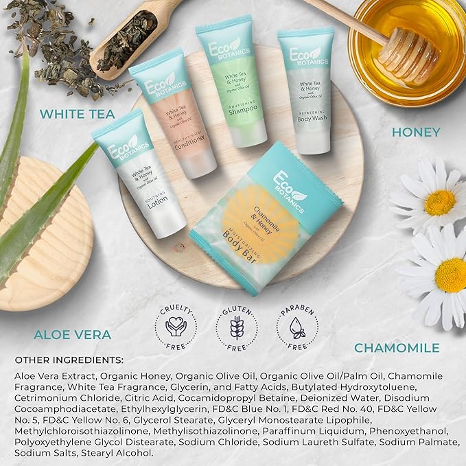 Eco Botanics Amenity Kit | Hotel Bulk Toiletries | 0.85 oz Shampoo, Conditioner, Lotion, Body Wash, Body Bar Soap for Guest Hospitality Vacation Rentals| 1 Set/Case