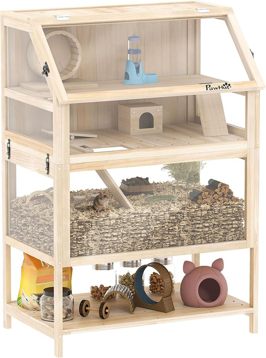 PawHut Wooden Hamster Cage, 3 Tier Small Animal Cage with Detachable Lower Floor, Storage Shelf, Hut, Seesaw, Exercise Wheel, Ramps, Hamster Habitat for Dwarf, Gerbil, 31.5" x 21" x 46"