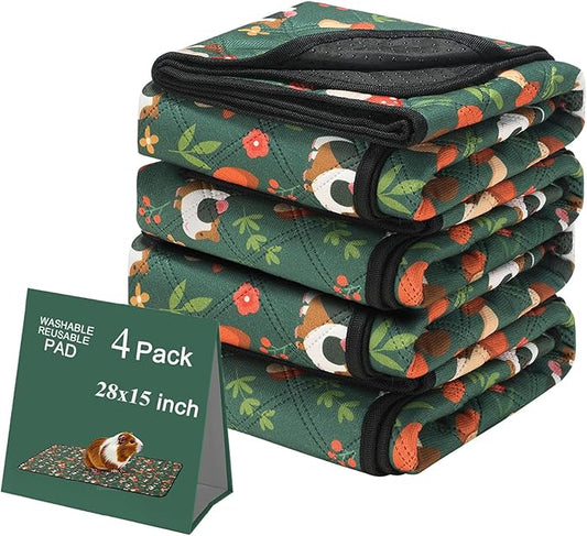 4 Pack Guinea Pig Cage Liners - Washable 28"X15" Bedding Pee Pad, Super Absorbent, Waterproof & Anti-Slip Reusable Mat for Rabbit, Hamster, Rat