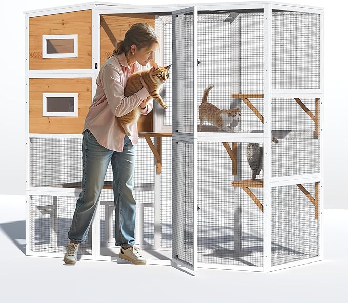 Catio Outdoor Cat Enclosure, Large 4 Tiers Cat Catio Connect to Window for Outdoor Indoor Cats with Weatherproof Roof, Resting Rooms, Platforms, Large Door, 76" L x 32.9" W x 70.8" H, White