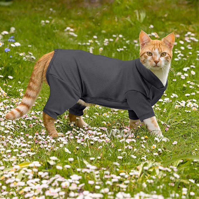 Sticky Hair Cat Clothes, Breathable & Lightweight, Reduces Shedding Fur Pajamas, Full Body Long Sleeve Surgical Bodysuit, Stop Licking & Shedding Darkgrey S