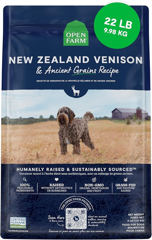 Open Farm, Ancient Grains Dry Dog Food, Protein-Rich & Nutrient Dense, 90% Animal Protein Mixed with Non-GMO Fruits, Veggies and Superfoods, New Zealand Venison Recipe, 22lb Bag