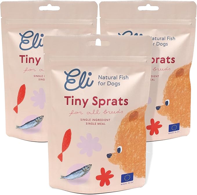 Eli Tiny Sprats – Natural Dog Treats, Whole Small Fish, High in Protein and Omega-3, Grain Free, Single Ingredient, No Additives, Gluten Free, Air Dried, Training Snack or Meal Topper – 3 Pack
