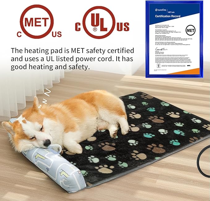 Puppy Heating Pad 28x18 in with Smart Thermostat Switch and Power Line Protection Tube,Obtained MET and UL Dual Certification,Waterproof Pet Heating Pad for Dogs with Plush Fabric Cover-Black
