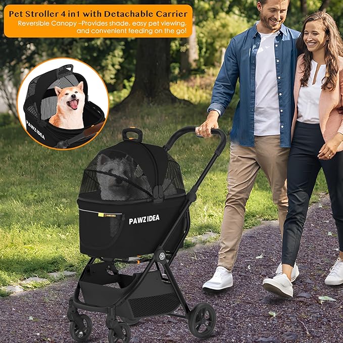 PAWZIDEA Pet Stroller 4 in 1, Cat Strollers with Detachable Carrier No-Zip Canopy, Portable Dog Crate for Car Seat Travel, Foldable & Lightweight Jogger for Small/Medium Dogs and Cats, Storage Basket