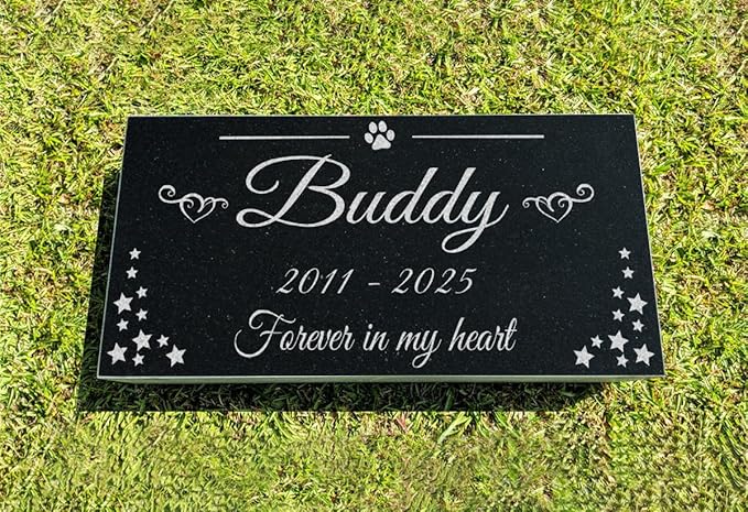 A Personalized Memorial Stone Made of Black Granite That Will Remind You of Your Beloved Pets. Paw and Stars
