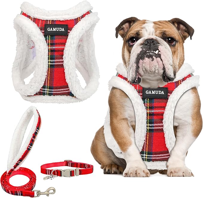 GAMUDA Small Dog Harness Collar and Leash Set, Step in No Chock No Pull Soft Mesh Adjustable Dog Vest Harnesses Plaid Reflective for Dogs Puppy Cats Kitten Rabbit (Warm Red, XL)