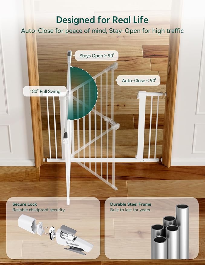 BABELIO 29-55 Inch Extra Wide Baby/Dog Gate, PressGuard P7, Metal Auto Close, Pressure Mounted Pet Door for Doorways, NO Need Tools and Drilling, with Wall Cups, White