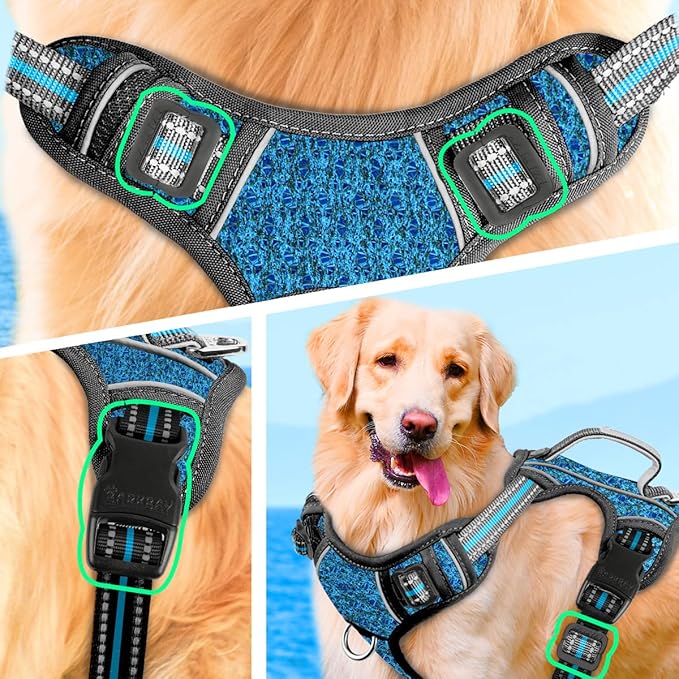 BARKBAY No Pull Dog Harness Large Reflective Dog Harness with Front Clip and Easy Control Handle for Walking Training Running with ID tag Pocket(Blue/Black,L)