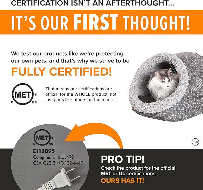 K&H Pet Products Heated Cat Bed - Thermo-Pet Cave for Large Cats, Indoor Heated Pet Bed for Dogs & Cats, Covered Cave Pet Tent, Collapsible, Machine Washable, Safety Listed - 17 X 15 X 13in Gray
