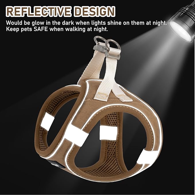 GAMUDA Small Pet Harness Collar and Leash Set, Step in No Chock No Pull Linen Fabric Soft Mesh Dog Vest Harnesses Reflective for Dogs Puppy Cats Kitten Rabbit (Brown, M)